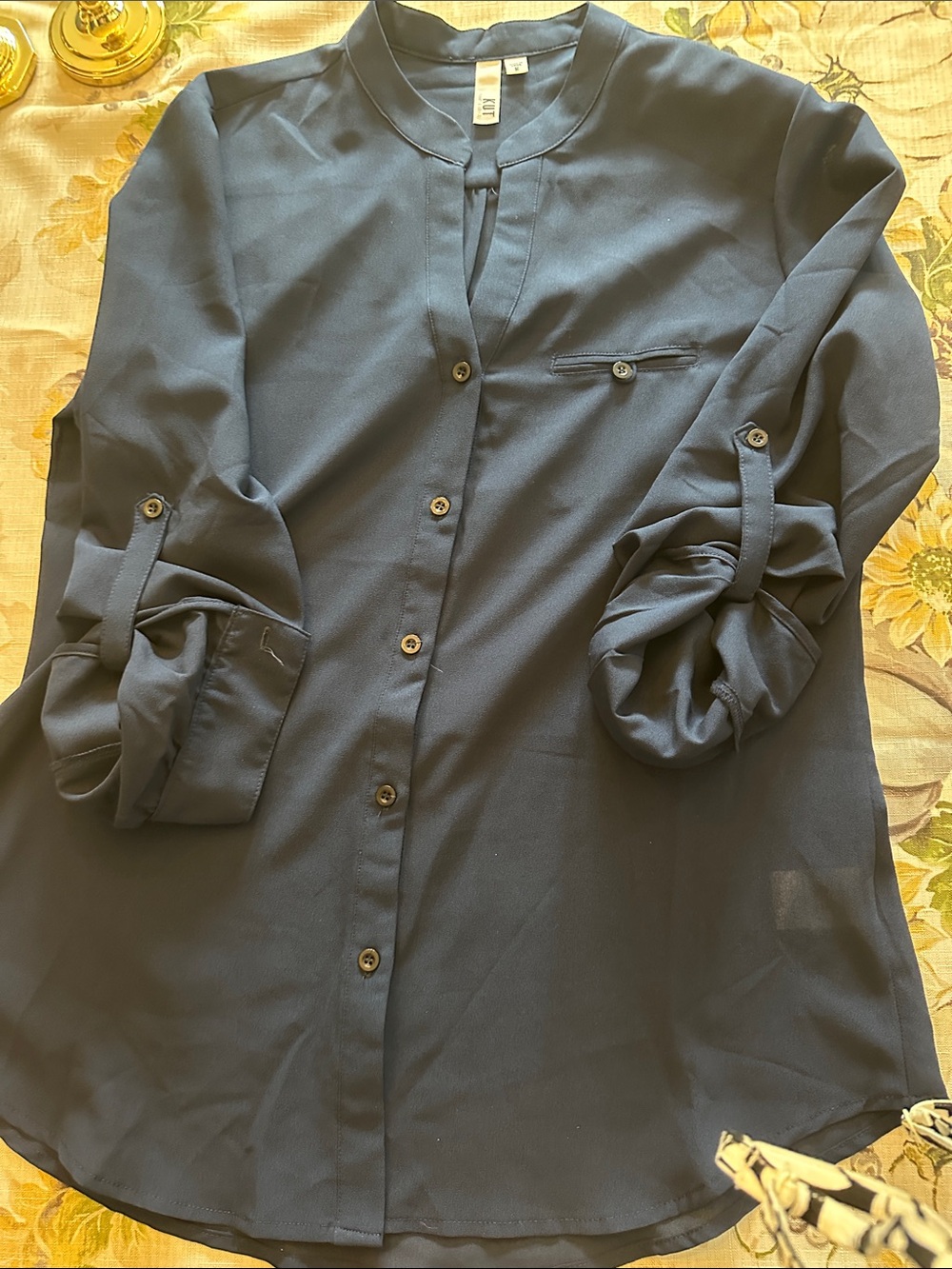 Kut from the Kloth Navy Button-Up Band Collar Shirt